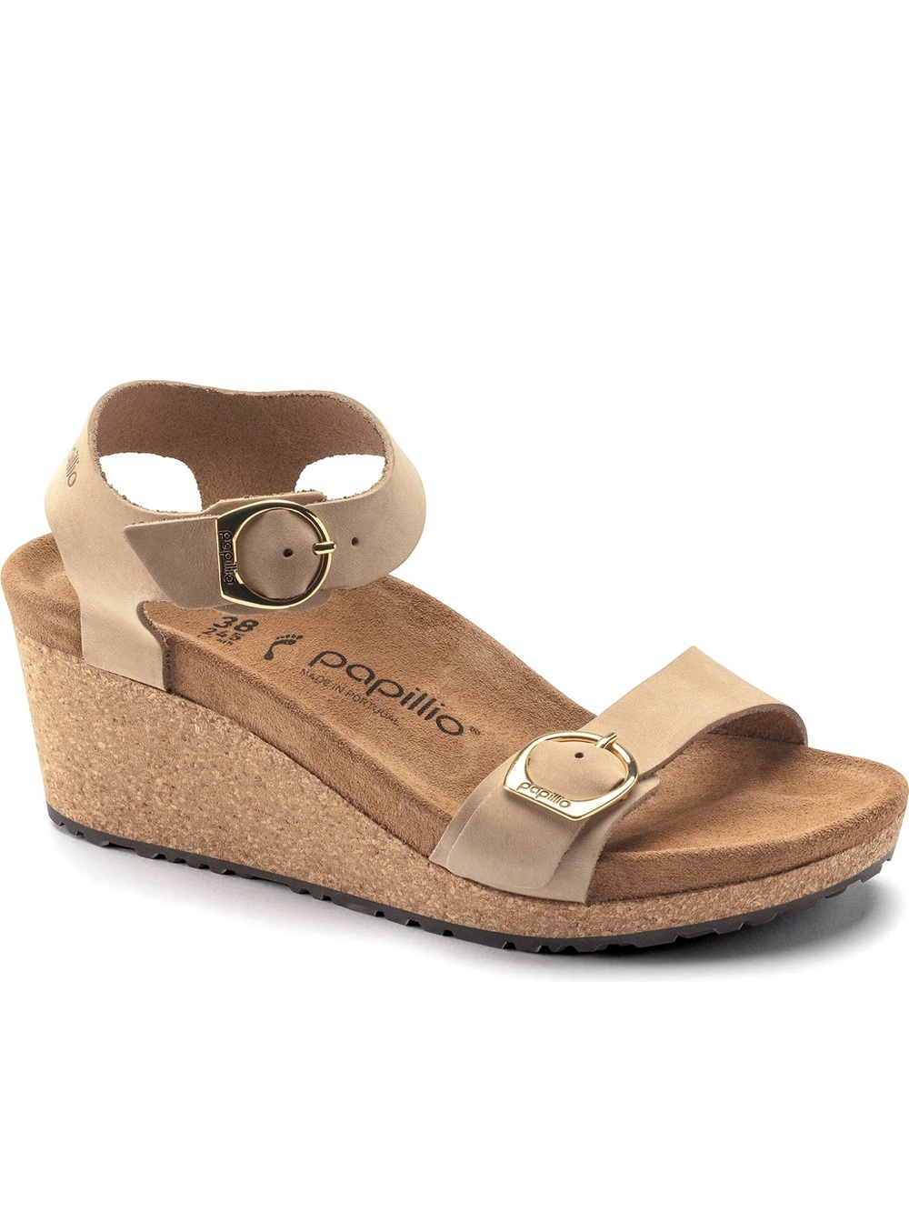 New Birkenstock Papillio Soley Ring Buckle Cork Wedge Sandals Beige 39 8-8.5